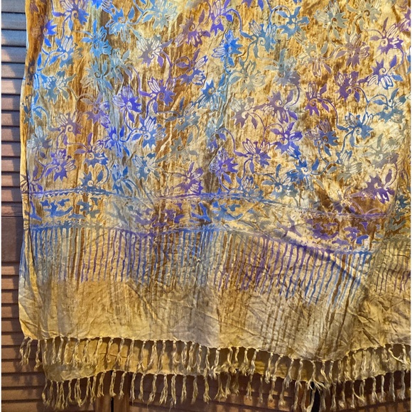 Colorful Gold and Rustic Fringe Shawl/Wrap with Purple and Blue Graphic Designs - Picture 6 of 9
